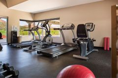 Fitness center with cardio equipment, treadmills, weights, and a red ball at Arabella Hotel Sedona in Sedona, AZ