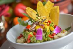 Group of vegetables arranged in food dish with garnish on top in white bowl surrounded by other vegetables at Arabella Hotel Sedona in Sedona, AZ