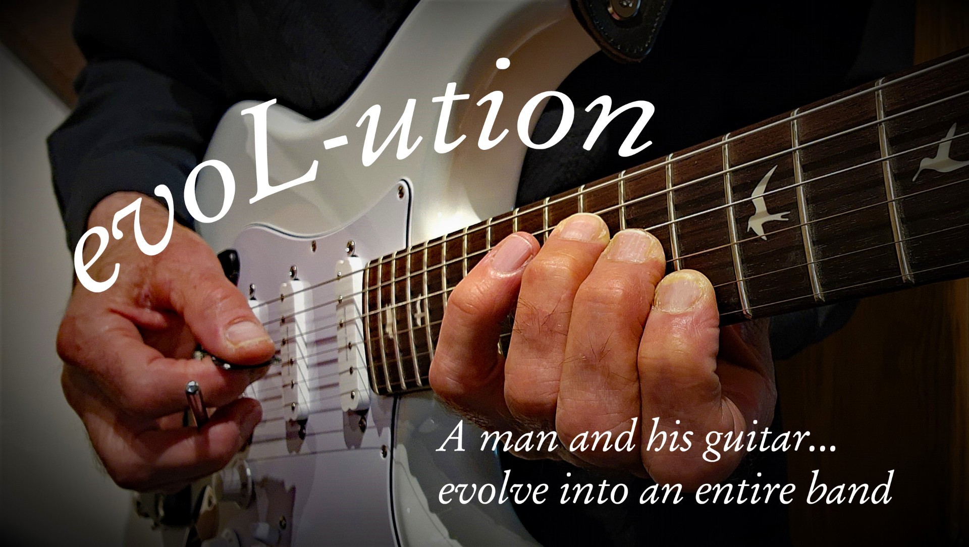 Close-up of a man playing an electric guitar with the word evolution, Arabella Sedona, and the phrase A man and his guitar… evolve into an entire band.