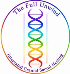 A rainbow DNA helix in a circle, with “The Full Unwind,” “Integrated Cranial Sacral Healing,” and “Arabella Sedona” around the edge.