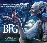 A giant holds a young girl on his hand, with the text The world is more GIANT than you can imagine, The BFG, and Arabella Sedona on the image.