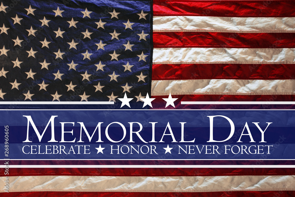 American flag background with text: Memorial Day at Arabella Sedona. Celebrate ★ Honor ★ Never Forget in bold white letters across a blue banner.