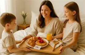 A smiling woman in bed at Arabella Sedona receives a breakfast tray with pancakes, croissant, and juice from two cheerful children in a cozy, sunlit room.