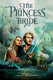 Poster for The Princess Bride with a man holding a sword, a woman, fantasy elements like a ship, castles, Hotel Names Arabella Sedona, and a giant rat in back.