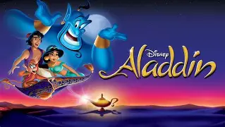 Aladdin, Jasmine, Abu, and Genie fly on a magic carpet above a glowing lamp at sunset near Arabella Sedona with the Disney Aladdin logo on the right.