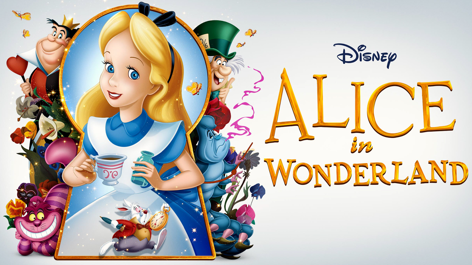 Alice holds a teacup, surrounded by Wonderland characters. Disney Alice in Wonderland and Hotel Names Arabella Sedona are written in large text on the right.