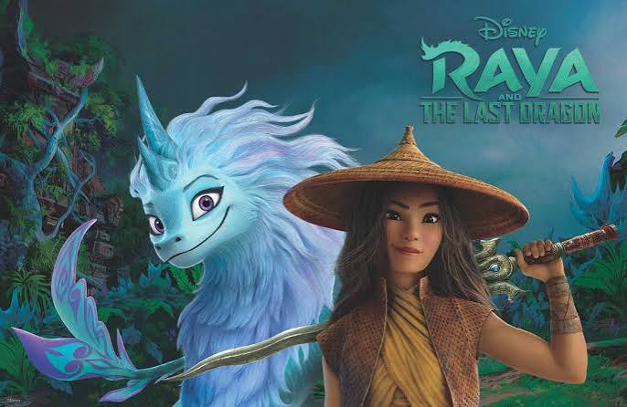 Raya stands with a sword beside Sisu, a blue dragon, in a lush jungle near Hotel Names Arabella Sedona. “Raya and the Last Dragon” appears top right.