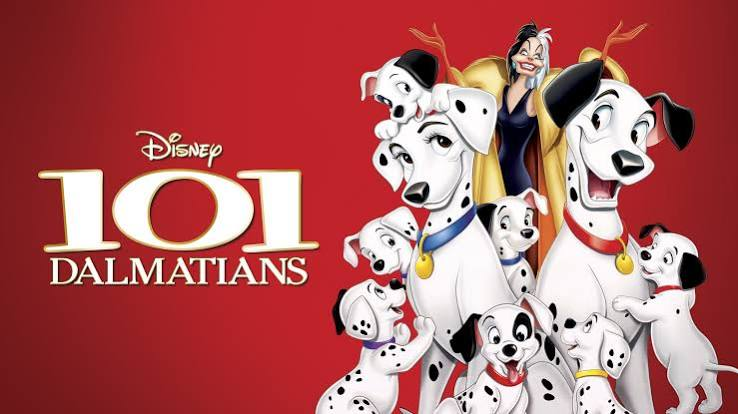 Animated dalmatians and a woman stand by Disney 101 Dalmatians text on a red background, with Hotel Names Arabella Sedona. Some dogs wear blue or red collars.