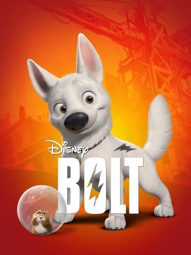 White dog with a lightning bolt on its side stands before an orange background at Arabella Sedona; below are a hamster in a ball and the word BOLT.