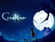 Silhouette of a girl and cat walking toward a glowing full moon, with Coraline text, Arabella Sedona hotel name, and a spooky house in the background.