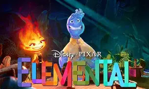 Two animated fire and water characters smile together with “Elemental” below and Disney Pixar logo above, alongside the hotel name Arabella Sedona.