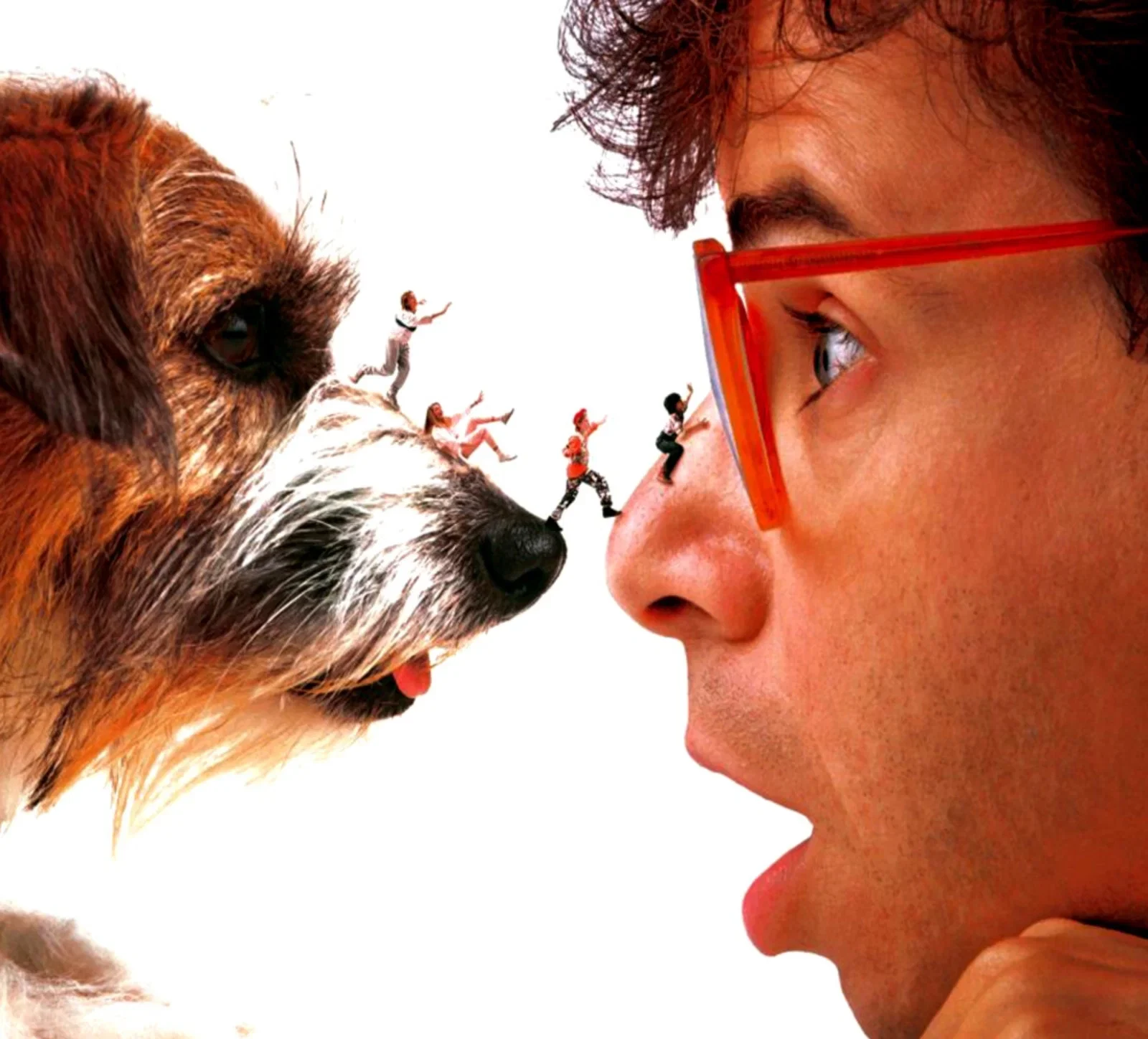 Movie poster for Honey, I Shrunk the Kids at Arabella Sedona, showing a man and a dog facing miniature people on the dog’s nose.