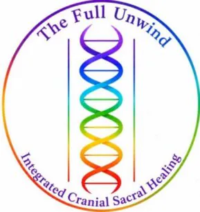 A rainbow DNA helix in a circle, with “The Full Unwind,” “Integrated Cranial Sacral Healing,” and “Arabella Sedona” around the edge.