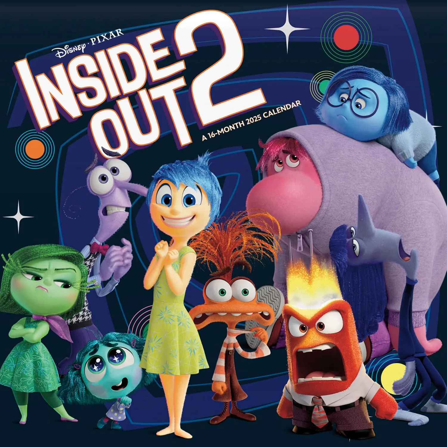 Inside Out 2 16-month 2025 calendar cover for Arabella Sedona featuring Joy, Sadness, Anger, Fear, Disgust, Anxiety, Ennui, and Envy.