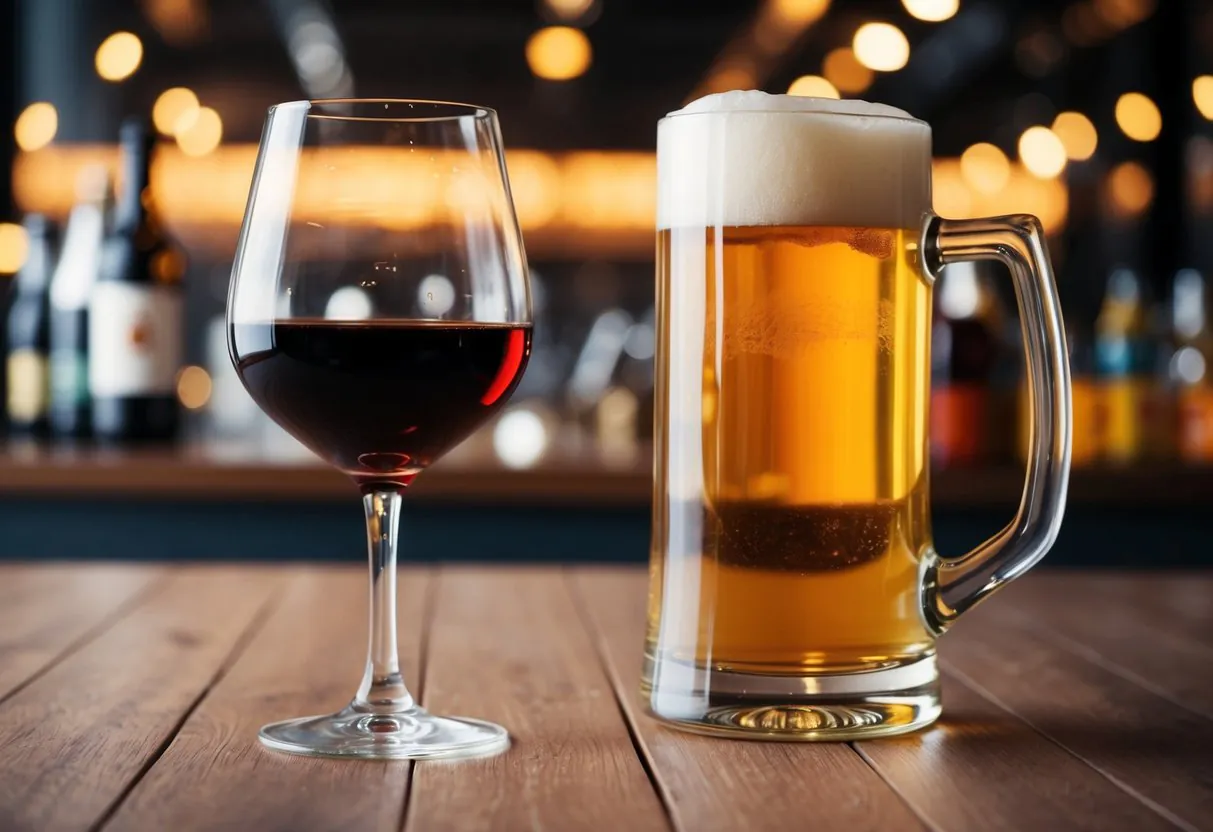 A glass of red wine and a glass mug of beer on a wooden table at Arabella Sedona.